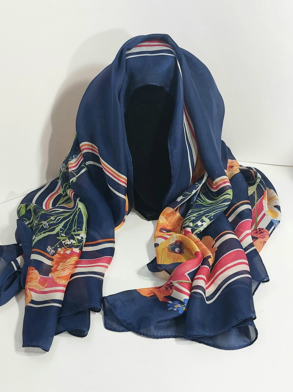 Navy Floral Polyester Sheer Scarf - Lightweight Women's Accessory